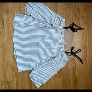 White and black stipe with black tie shoulder and flutter sleeves.